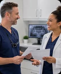 Dental staff reviewing a verification report